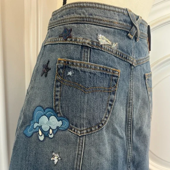 Coach Blue 100% Cotton Denim Patchwork ButtonUp Skirt Sequin Embroidery (Size 4) - Picture 8 of 13